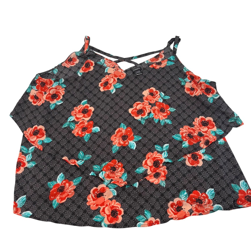 Torrid Floral Tiered Cami Top Black Orange Crisscross Back Plus Size 4 4X